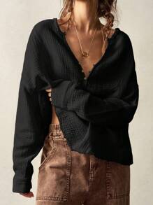 Bohemela 女士度假宽松 V 领落肩长袖编织纯色衬衫