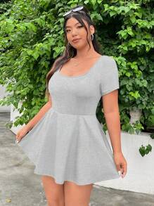 SHEIN EZwear Plus Size Women's Versatile Short Sleeve A-Line Ruffle Hem Dress, School, Outdoor, Indoor Sports, Yoga, Casual Daily Wear, Light Grey, Moisture-Wicking, Quick-Dry, Comfortable Stretch Fabric, With Pockets, Opaque