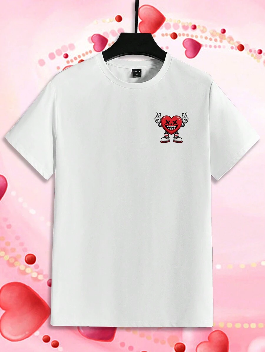 Manfinity RebelGame 男士情人节休闲卡通心形印花圆领短袖T恤，潮流街头风格情人节礼物适合夏季外出，送给朋友、丈夫、男朋友、情侣装的礼物 - 白色 - 查看 1