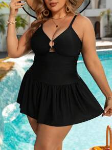 SHEIN Swim Curve Conjunto de traje de baño de 2 piezas para mujer de talla grande, con escote en V, calado circular arrugado y unicolor casual