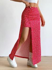 Falda larga con diseño floral pequeño y abertura en el dobladillo - Rojo - Ver 7