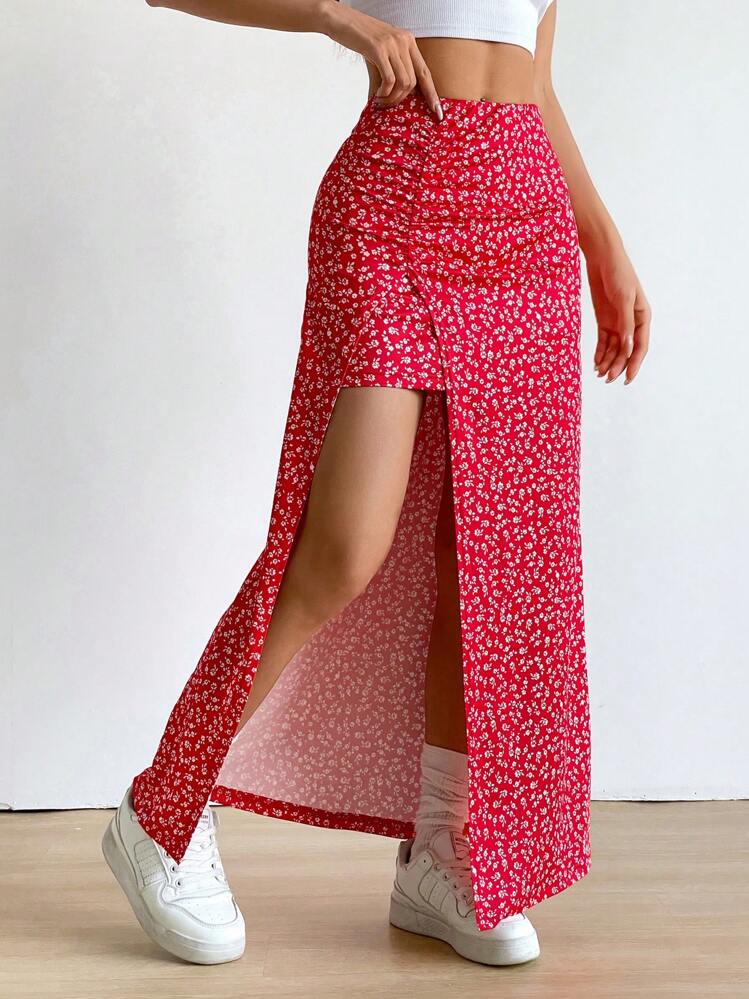 SHEIN EZwear Women's Ditsy Floral Full-Print Slit Skirt, Casual Holiday Wear - Red - View 7