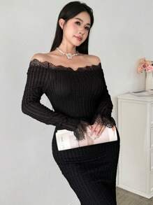 Modelyn Đầm suông trễ vai phối ren màu tương phản đơn sắc ôm vừa vặn tay dài cho nữ - màu đen - Xem 3