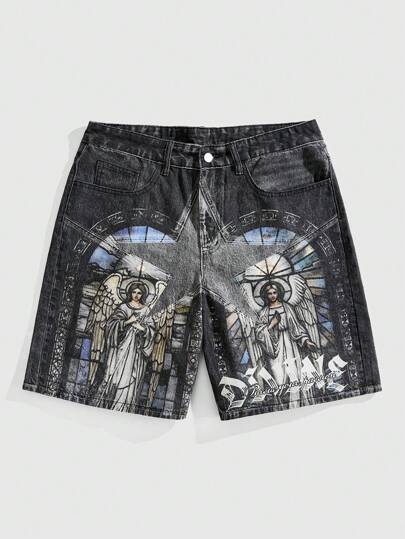 Goth Men's Vintage Street Angel Print Pockets Denim Shorts Jorts
