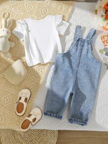 SHEIN Vintaside Kids Conjunto de 2 piezas de niña bebé compuesto por una camiseta de manga corta de unicolor y un peto casual con estampado de corazones
