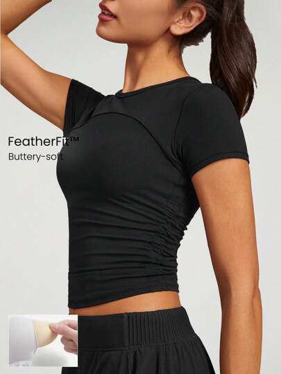 GLOWMODE FeatherFit™ Blusa Curta com Mangas Dobradas e Cordão de Foco, Suporte Leve para Yoga de Baixo Impacto na Academia ou Estúdio