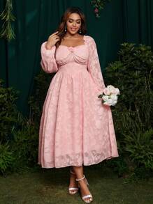 SHEIN Belle 大码女式方领心形领口长袖提花花卉贴花珍珠链装饰 A 字形连衣裙 - 粉色 - 查看 7