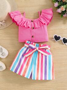 SHEIN Baby Girl Solid Color Ruffle Strap Tank Top & Striped Shorts 2Pcs Set