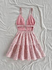 Soleia 女士豹纹提花性感细肩带 V 领 A 字形露背连衣裙 - 粉色 - 查看 2