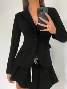 SHEIN Essnce Blazer de cuello con solapa con botón - Negro - Ver 1