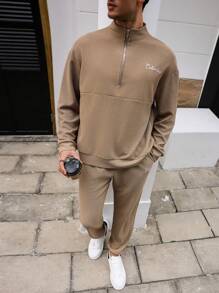 Manfinity Homme 男士前拉链长袖简约上衣和裤子，休闲两件套