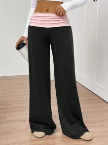 SHEIN PETITE Pantaloni della tuta a vita bassa ampi e morbidi con arricciature a contrasto, adatti a taglie piccole