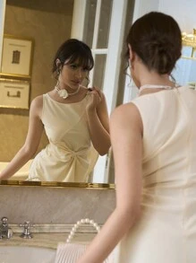 Elenzga Valentine's Day Sleeveless Round Neck Cinched Waist Bow Elegant Romantic Women Dress - Apricot - View 6