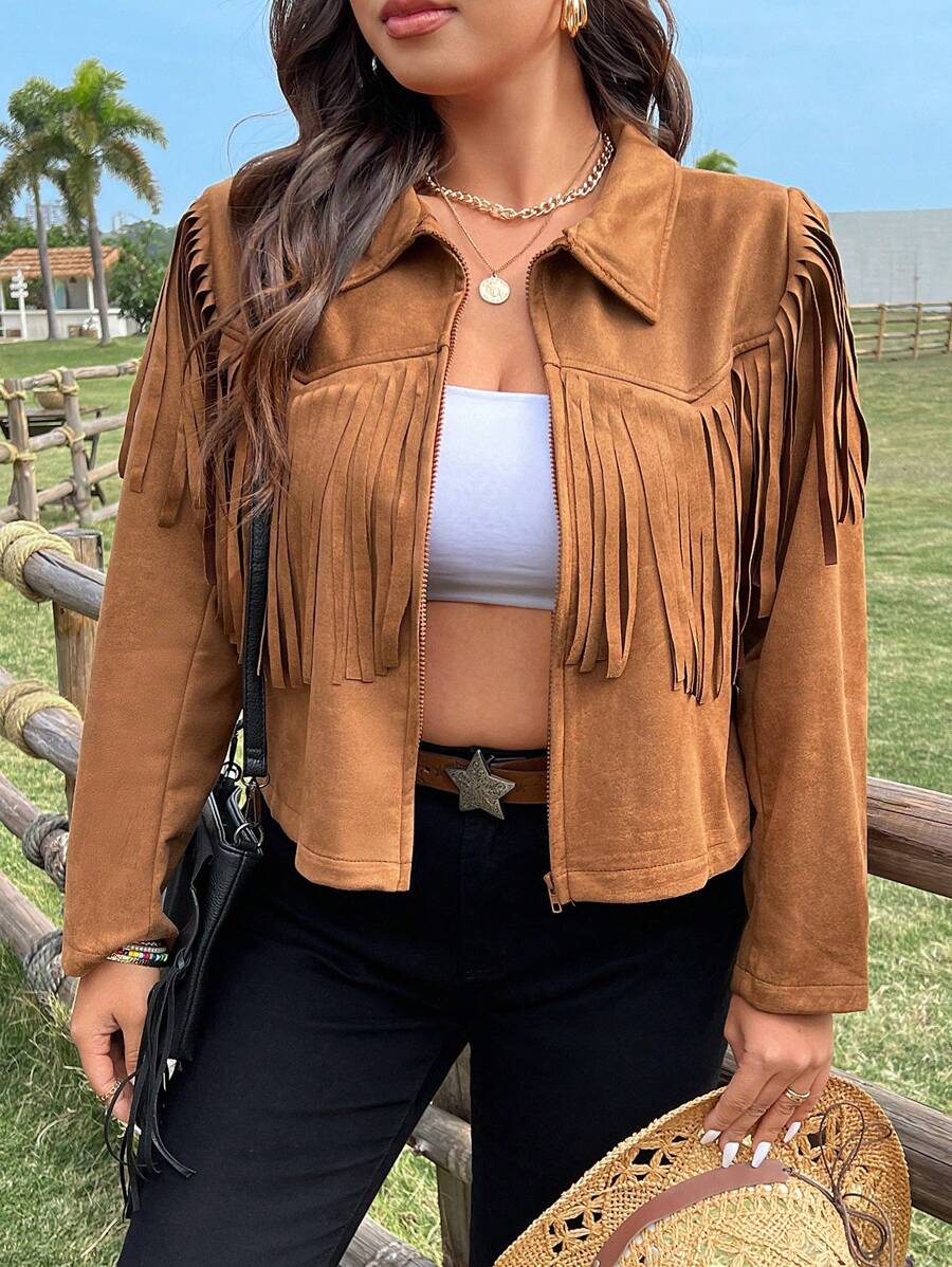 Sunspun Plus Size Faux Suede Fringe Short Jacket Fall Winter Cloth For Women Autumn