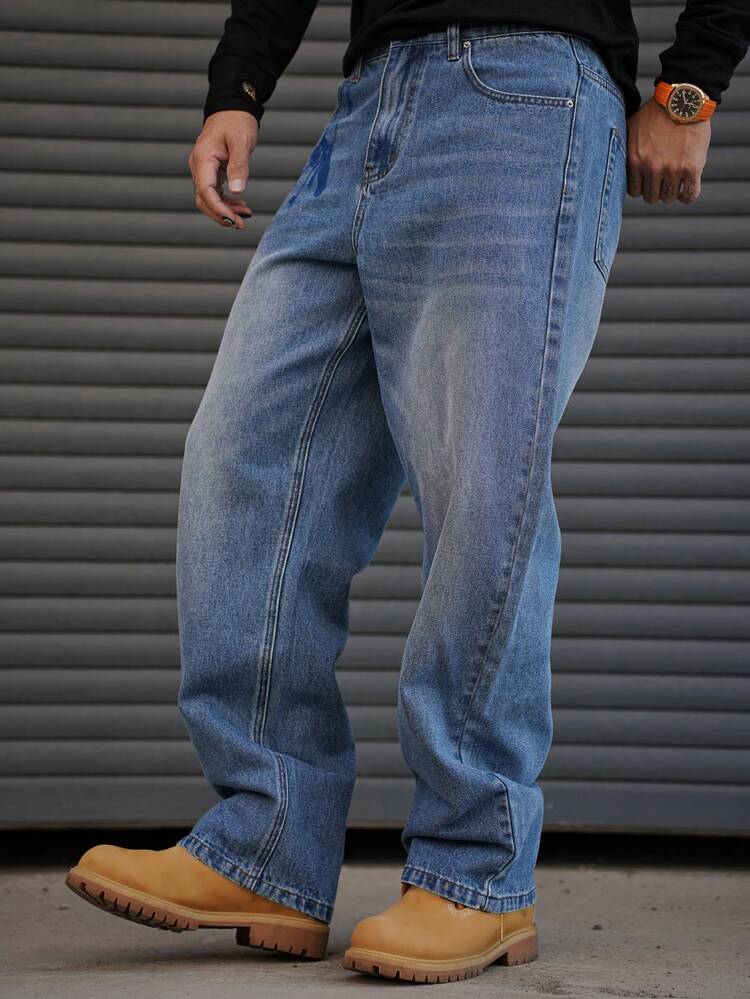 Men's Relaxed Fit Washed Light Blue Straight Leg Jeans