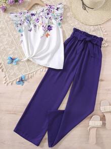 SHEIN Teen Girl ,Purple,Flower Printed Cap Sleeves With Ruffles,Round Neck Top And Paperbag Waist Pants Two Pieces Set,Leisure Travel, Holidays, Vacations Holiday Outfits - Purple - View 1