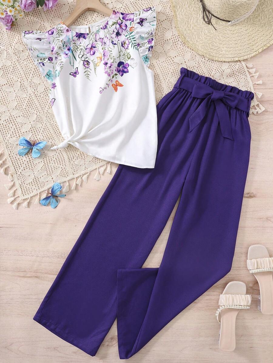 SHEIN Teen Girl ,Purple,Flower Printed Cap Sleeves With Ruffles,Round Neck Top And Paperbag Waist Pants Two Pieces Set,Leisure Travel, Holidays, Vacations Holiday Outfits - Purple - View 1