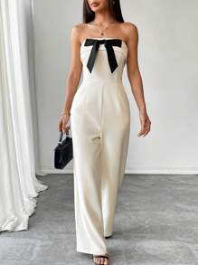 Elenzga Women's Elegant Bow Decor Contrast Color Jumpsuit, Long Length, Spring/Summer - Apricot - View 4