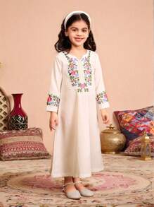 SHEIN Vestido casual ajustado de línea A, de manga larga y cuello en V con bordado floral, para niñas jóvenes en la primavera/verano