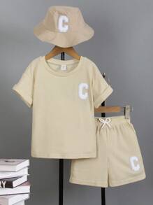 SHEIN Bộ 3 món cho bé trai: Áo thun tay ngắn họa tiết Waffle thêu logo, quần short & mũ phối hợp, trang phục thường ngày đi học, đi chơi, dạo phố - Màu be - Xem 1