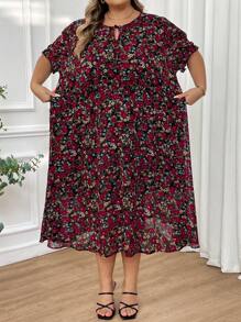 SHEIN CURVE+ Large Print Tie Collar And Waistband Summer Dress, Vacation Dress Boho Vacation