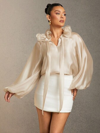 L'Amorae Summer Women, Women, Sophisticated Champagne Satin Plain Color Ruffle Tie Neck Raglan Sleeve Long Sleeve Elegant Blouse, Women Tops, Long Sleeve Top, Going Out Tops, Women Blouses, Elegant Women Blouses, Work Women Blouses, Office Women. For Date Night, Concerts, Performances, Wedding, Parties, Evening, Old Money