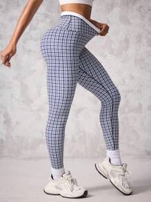 SHEIN Sport Studio Women's Asymmetrical Waistband Plaid Casual Gym Sports Leggings