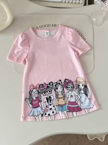 SHEIN Babygirl 休闲针织可爱卡通女童印花宽松短袖连衣裙，适合夏季 - 粉色 - 查看 6