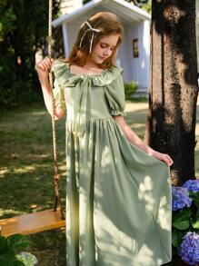 SHEIN Tween Girls Ruffled Sleeve Waist Cinched Dress, Elegant Party Vacation Dress, Princess Formal Wear, Flower Girl Dress, Suitable For Wedding Season, Floral Decor, No Traditional Patternholiday,Summer,Travel,Getaway - Green - View 3