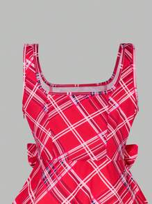 SHEIN Vestido suelto de princesa con cintura ceñida, estilo británico dulce, de cuadros rojos, cuello cuadrado y sin mangas, para uso diario [Conjunto a juego de mamá e hija, se vende por separado]