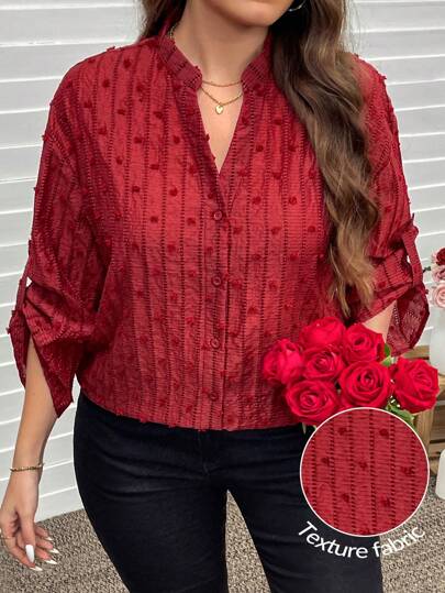 SHEIN LUNE 大码女式纹理镂空可调节袖口缺口领衬衫，情人节，爱情/情人，春季，夏季，情人节，情人节礼物，波西米亚风复古款