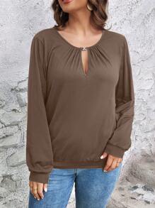 EMERY ROSE 大码纯色圆领长袖镂空休闲运动衫