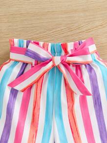 SHEIN Baby Girl Solid Color Ruffle Strap Tank Top & Striped Shorts 2Pcs Set