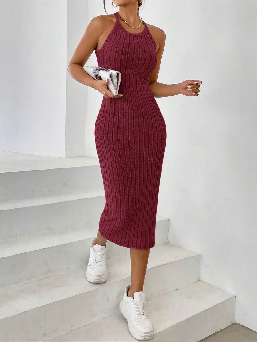 SHEIN Essnce 女式纯色无袖简约罗纹修身休闲连衣裙 - 酒紅色 - 查看 1