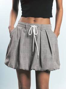 Maija Falda plisada con cintura anudada a cuadros gris, tipo línea A, con bolsillos laterales, casual y versátil para primavera, verano y otoño