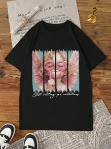 Plus Size Women's Standard Short Sleeve T-Shirt With Angel, Gum, Blessing, Valentine's Day, Love, Cupid, Girl, Angel Graphic For Summer