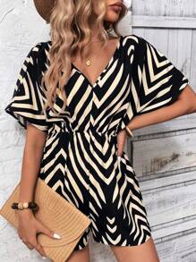 SHEIN LUNE V-Neck Cinched Waist Zebra Striped Ripple Jumpsuit