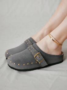 Solecia Women's Casual Flat Shoes With Adjustable Buckle Rivet Design - Grey - View 8