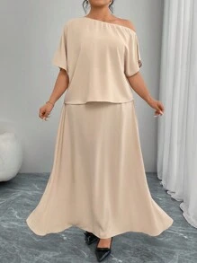 Modelyn 加大码两件套露肩纯色上衣和裙子套装，简约时尚，适合日常休闲穿着 - 杏色 - 查看 3