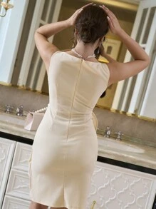 Elenzga Valentine's Day Sleeveless Round Neck Cinched Waist Bow Elegant Romantic Women Dress - Apricot - View 2