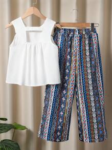 2pcs Tween Girls Fashionable Sleeveless Tank Top And Casual Pants Set With Cross-Body Bag, Summer,Holiday,Summer,Travel - Blue - View 2