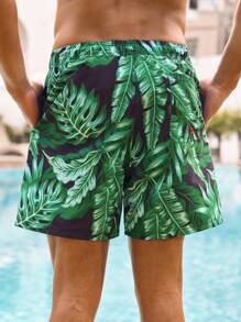 Manfinity VDAYZ Pantalones cortos de playa con cordones y bolsillos con estampado completo para hombres, shorts de baño informales y de vacaciones para parejas, novio, de estilo hawaiano