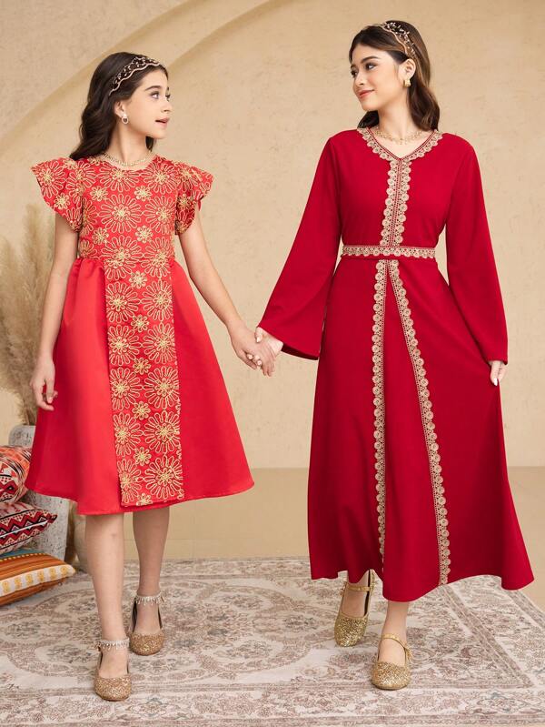 Elegant Red And Gold Floral Print Dress, Traditional Arabic Cultural Attire For Teenage Girls