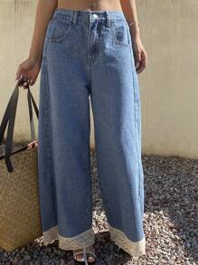 DAZY Western Style Lace Patchwork Contrast Color Wide Leg Jeans Casual Pants For Women, Spring