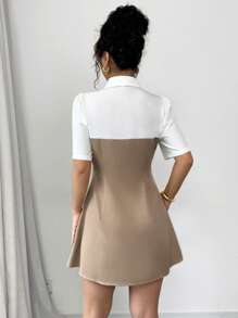 Elenzga Women's Front Button Short Sleeve Minimalist Color Block 2 In 1 Shirt Dress - Khaki - View 2