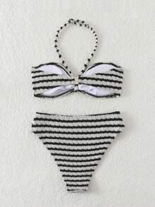 SHEIN Conjunto de bikini de cuello de halter con textura de rayas para niñas preadolescentes