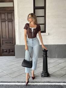 Pariaura Vrouwen schattig ronde hals contrast kant strik korte mouw T-shirt