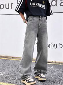 SHEIN Teen Boy Y2k Old Money Fashion Casual Gary Denim Cotton Basic Simple Comfortable Fresh Slim Teen Boy Jeans For Boy Soft Dailywear And Teen Boy Summer Clothes - Grey - View 4