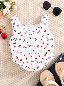 SHEIN Leap Crew Young Girl Summer Cute Ditsy Floral Pattern Square Neck Fitted Tank Top - White - View 1