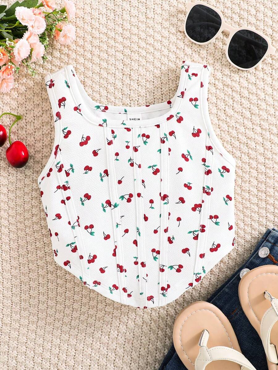 SHEIN Leap Crew Young Girl Summer Cute Ditsy Floral Pattern Square Neck Fitted Tank Top - White - View 1